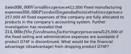 Sales936,000 Variable expenses412,000 Fixed manufacturing expenses350,000 Fixed selling and administrative expenses257,000 All fixed expenses of the company are fully allocated to products in the company's accounting system. Further investigation has revealed that 214,000 of the fixed manufacturing expenses and125,000 of the fixed selling and administrative expenses are avoidable if product D74F is discontinued. What would be the financial advantage (disadvantage) from dropping product D74F?