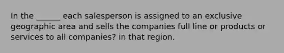 In the ______ each salesperson is assigned to an exclusive geographic area and sells the companies full line or products or services to all companies? in that region.