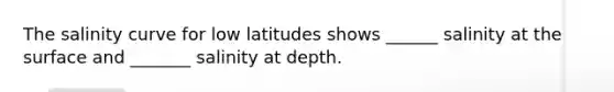 The salinity curve for low latitudes shows ______ salinity at the surface and _______ salinity at depth.