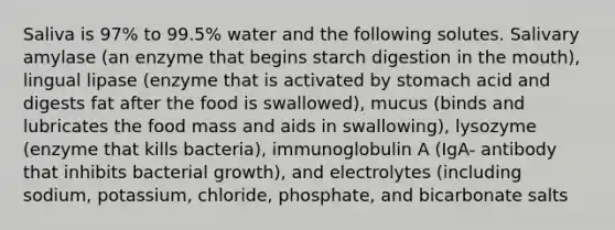 Saliva is 97% to 99.5% water and the following solutes. Salivary amylase (an enzyme that begins starch digestion in the mouth), lingual lipase (enzyme that is activated by stomach acid and digests fat after the food is swallowed), mucus (binds and lubricates the food mass and aids in swallowing), lysozyme (enzyme that kills bacteria), immunoglobulin A (IgA- antibody that inhibits bacterial growth), and electrolytes (including sodium, potassium, chloride, phosphate, and bicarbonate salts