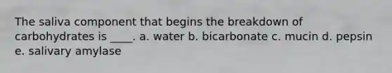 The saliva component that begins the breakdown of carbohydrates is ____.​ a. ​water b. ​bicarbonate c. mucin​ d. ​pepsin e. ​salivary amylase