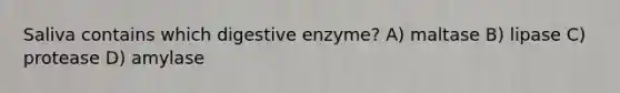 Saliva contains which digestive enzyme? A) maltase B) lipase C) protease D) amylase