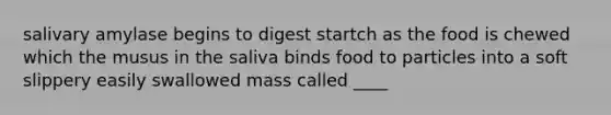 salivary amylase begins to digest startch as the food is chewed which the musus in the saliva binds food to particles into a soft slippery easily swallowed mass called ____