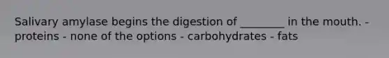 Salivary amylase begins the digestion of ________ in the mouth. -proteins - none of the options - carbohydrates - fats