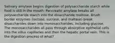 Salivary amylase begins digestion of polysaccharide starch while food is still in the mouth. Pancreatic amylase breaks all polysaccharide starch into the disaccharide maltose. Brush border enzymes (lactase, sucrase, and maltase) break disaccharides down into monosaccharides, including glucose. The monosaccharides all pass through absorptive epithelial cells into the villus capillaries and then the hepatic portal vein. This is the digestion process of what?