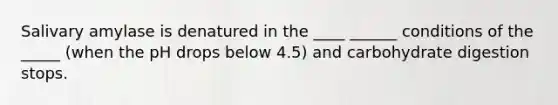 Salivary amylase is denatured in the ____ ______ conditions of the _____ (when the pH drops below 4.5) and carbohydrate digestion stops.