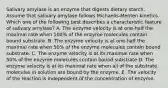 Salivary amylase is an enzyme that digests dietary starch. Assume that salivary amylase follows Michaelis-Menten kinetics. Which one of the following best describes a characteristic feature of salivary amylase? A. The enzyme velocity is at one-half the maximal rate when 100% of the enzyme molecules contain bound substrate. B. The enzyme velocity is at one-half the maximal rate when 50% of the enzyme molecules contain bound substrate. C. The enzyme velocity is at its maximal rate when 50% of the enzyme molecules contain bound substrate D. The enzyme velocity is at its maximal rate when all of the substrate molecules in solution are bound by the enzyme. E. The velocity of the reaction is independent of the concentration of enzyme.