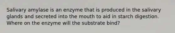 Salivary amylase is an enzyme that is produced in the salivary glands and secreted into the mouth to aid in starch digestion. Where on the enzyme will the substrate bind?