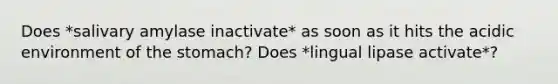 Does *salivary amylase inactivate* as soon as it hits the acidic environment of the stomach? Does *lingual lipase activate*?