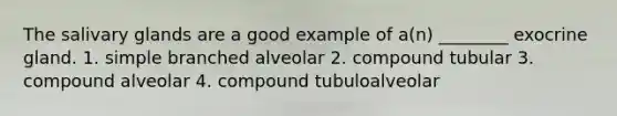 The salivary glands are a good example of a(n) ________ exocrine gland. 1. simple branched alveolar 2. compound tubular 3. compound alveolar 4. compound tubuloalveolar