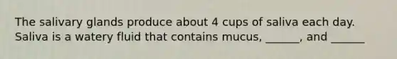 The salivary glands produce about 4 cups of saliva each day. Saliva is a watery fluid that contains mucus, ______, and ______