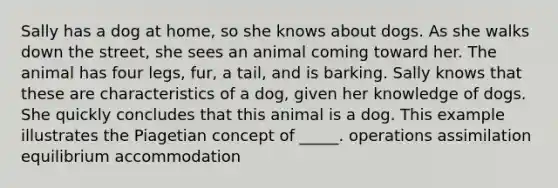 Sally has a dog at home, so she knows about dogs. As she walks down the street, she sees an animal coming toward her. The animal has four legs, fur, a tail, and is barking. Sally knows that these are characteristics of a dog, given her knowledge of dogs. She quickly concludes that this animal is a dog. This example illustrates the Piagetian concept of _____. operations assimilation equilibrium accommodation