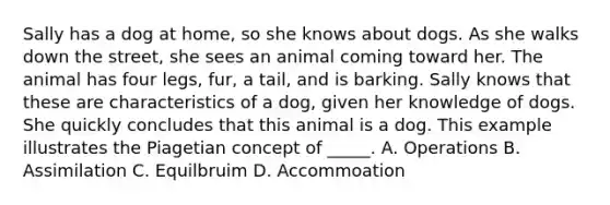 Sally has a dog at home, so she knows about dogs. As she walks down the street, she sees an animal coming toward her. The animal has four legs, fur, a tail, and is barking. Sally knows that these are characteristics of a dog, given her knowledge of dogs. She quickly concludes that this animal is a dog. This example illustrates the Piagetian concept of _____. A. Operations B. Assimilation C. Equilbruim D. Accommoation