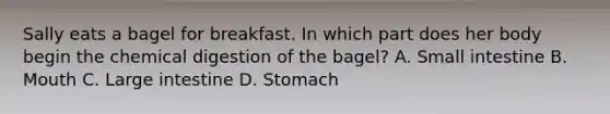 Sally eats a bagel for breakfast. In which part does her body begin the chemical digestion of the bagel? A. Small intestine B. Mouth C. Large intestine D. Stomach