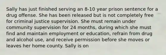 Sally has just finished serving an 8-10 year prison sentence for a drug offense. She has been released but is not completely free for criminal justice supervision. She must remain under community supervision for 24 months, during which she must find and maintain employment or education, refrain from drug and alcohol use, and receive permission before she moves or leaves her home county. Sally is on