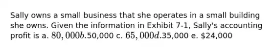 Sally owns a small business that she operates in a small building she owns. Given the information in Exhibit 7-1, Sally's accounting profit is a. 80,000 b.50,000 c. 65,000 d.35,000 e. 24,000