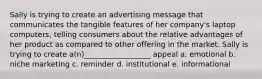 Sally is trying to create an advertising message that communicates the tangible features of her company's laptop computers, telling consumers about the relative advantages of her product as compared to other offering in the market. Sally is trying to create a(n)__________________ appeal a. emotional b. niche marketing c. reminder d. institutional e. informational