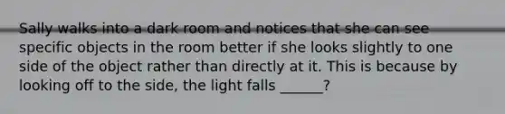 Sally walks into a dark room and notices that she can see specific objects in the room better if she looks slightly to one side of the object rather than directly at it. This is because by looking off to the side, the light falls ______?