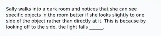 Sally walks into a dark room and notices that she can see specific objects in the room better if she looks slightly to one side of the object rather than directly at it. This is because by looking off to the side, the light falls ______.