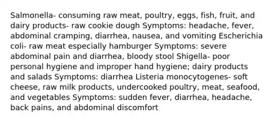 Salmonella- consuming raw meat, poultry, eggs, fish, fruit, and dairy products- raw cookie dough Symptoms: headache, fever, abdominal cramping, diarrhea, nausea, and vomiting Escherichia coli- raw meat especially hamburger Symptoms: severe abdominal pain and diarrhea, bloody stool Shigella- poor personal hygiene and improper hand hygiene; dairy products and salads Symptoms: diarrhea Listeria monocytogenes- soft cheese, raw milk products, undercooked poultry, meat, seafood, and vegetables Symptoms: sudden fever, diarrhea, headache, back pains, and abdominal discomfort