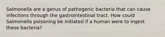 Salmonella are a genus of pathogenic bacteria that can cause infections through the gastrointestinal tract. How could Salmonella poisoning be initiated if a human were to ingest these bacteria?