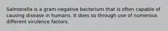 Salmonella is a gram-negative bacterium that is often capable of causing disease in humans. It does so through use of numerous different virulence factors.