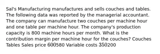 Sal's Manufacturing manufactures and sells couches and tables. The following data was reported by the managerial accountant. The company can manufacture two couches per machine hour and one table per machine hour. The company's production capacity is 800 machine hours per month. What is the contribution margin per machine hour for the couches? Couches Tables Sales price 600580 Variable costs 350200