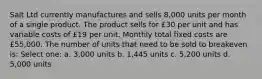 Salt Ltd currently manufactures and sells 8,000 units per month of a single product. The product sells for £30 per unit and has variable costs of £19 per unit. Monthly total fixed costs are £55,000. The number of units that need to be sold to breakeven is: Select one: a. 3,000 units b. 1,445 units c. 5,200 units d. 5,000 units