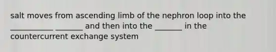 salt moves from ascending limb of the nephron loop into the ___________ _______ and then into the _______ in the countercurrent exchange system