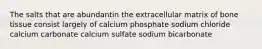 The salts that are abundantin the extracellular matrix of bone tissue consist largely of calcium phosphate sodium chloride calcium carbonate calcium sulfate sodium bicarbonate