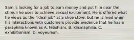 Sam is looking for a job to earn money and put him near the stimuli he uses to achieve sexual excitement. He is offered what he views as the "ideal job" at a shoe store; but he is fired when his interactions with customers provide evidence that he has a paraphilia known as A. fetishism. B. klismaphilia. C. exhibitionism. D. voyeurism.