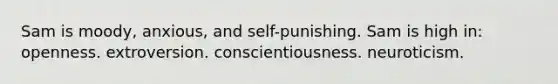 Sam is moody, anxious, and self-punishing. Sam is high in: openness. extroversion. conscientiousness. neuroticism.