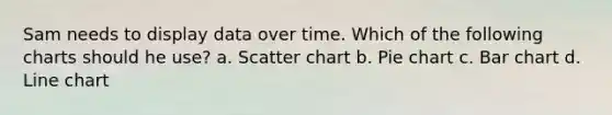 Sam needs to display data over time. Which of the following charts should he use? a. Scatter chart b. <a href='https://www.questionai.com/knowledge/kDrHXijglR-pie-chart' class='anchor-knowledge'>pie chart</a> c. <a href='https://www.questionai.com/knowledge/kdDMLVsZUp-bar-chart' class='anchor-knowledge'>bar chart</a> d. Line chart