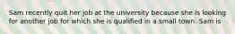 Sam recently quit her job at the university because she is looking for another job for which she is qualified in a small town. Sam is