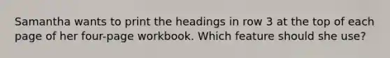 Samantha wants to print the headings in row 3 at the top of each page of her four-page workbook. Which feature should she use?