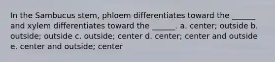 In the Sambucus stem, phloem differentiates toward the ______ and xylem differentiates toward the ______. a. center; outside b. outside; outside c. outside; center d. center; center and outside e. center and outside; center