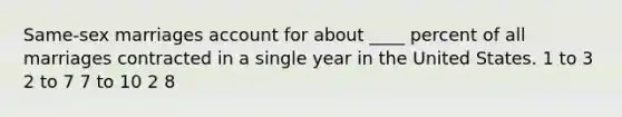 Same-sex marriages account for about ____ percent of all marriages contracted in a single year in the United States. 1 to 3 2 to 7 7 to 10 2 8