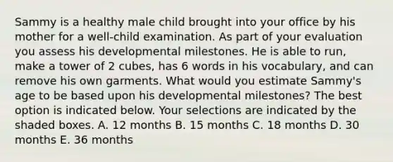 Sammy is a healthy male child brought into your office by his mother for a well-child examination. As part of your evaluation you assess his developmental milestones. He is able to run, make a tower of 2 cubes, has 6 words in his vocabulary, and can remove his own garments. What would you estimate Sammy's age to be based upon his developmental milestones? The best option is indicated below. Your selections are indicated by the shaded boxes. A. 12 months B. 15 months C. 18 months D. 30 months E. 36 months