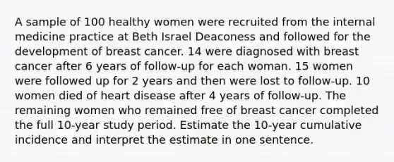 A sample of 100 healthy women were recruited from the internal medicine practice at Beth Israel Deaconess and followed for the development of breast cancer. 14 were diagnosed with breast cancer after 6 years of follow-up for each woman. 15 women were followed up for 2 years and then were lost to follow-up. 10 women died of heart disease after 4 years of follow-up. The remaining women who remained free of breast cancer completed the full 10-year study period. Estimate the 10-year cumulative incidence and interpret the estimate in one sentence.