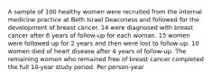 A sample of 100 healthy women were recruited from the internal medicine practice at Beth Israel Deaconess and followed for the development of breast cancer. 14 were diagnosed with breast cancer after 6 years of follow-up for each woman. 15 women were followed up for 2 years and then were lost to follow-up. 10 women died of heart disease after 4 years of follow-up. The remaining women who remained free of breast cancer completed the full 10-year study period. Per person-year