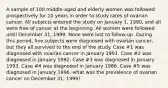 A sample of 100 middle-aged and elderly women was followed prospectively for 10 years in order to study rates of ovarian cancer. All subjects entered the study on January 1, 1990, and all were free of cancer at the beginning. All women were followed until December 31, 1999. None were lost to follow-up. During this period, five subjects were diagnosed with ovarian cancer, but they all survived to the end of the study. Case #1 was diagnosed with ovarian cancer in January 1991. Case #2 was diagnosed in January 1992. Case #3 was diagnosed in January 1993. Case #4 was diagnosed in January 1986. Case #5 was diagnosed in January 1996. what was the prevalence of ovarian cancer on December 31, 1999?