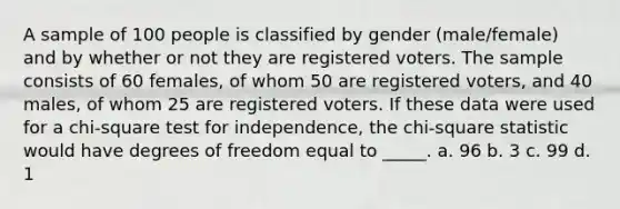 A sample of 100 people is classified by gender (male/female) and by whether or not they are registered voters. The sample consists of 60 females, of whom 50 are registered voters, and 40 males, of whom 25 are registered voters. If these data were used for a chi-square test for independence, the chi-square statistic would have degrees of freedom equal to _____. a. 96 b. 3 c. 99 d. 1