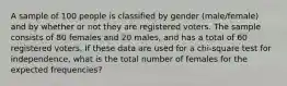 A sample of 100 people is classified by gender (male/female) and by whether or not they are registered voters. The sample consists of 80 females and 20 males, and has a total of 60 registered voters. If these data are used for a chi-square test for independence, what is the total number of females for the expected frequencies?