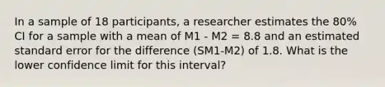 In a sample of 18 participants, a researcher estimates the 80% CI for a sample with a mean of M1 - M2 = 8.8 and an estimated standard error for the difference (SM1-M2) of 1.8. What is the lower confidence limit for this interval?