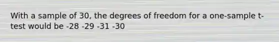 With a sample of 30, the degrees of freedom for a one-sample t-test would be -28 -29 -31 -30