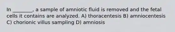 In ________, a sample of amniotic fluid is removed and the fetal cells it contains are analyzed. A) thoracentesis B) amniocentesis C) chorionic villus sampling D) amniosis