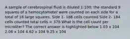 A sample of cerebrospinal fluid is diluted 1:100; the standard 9 squares of a hemocytometer were counted on each side for a total of 18 large squares. Side 1- 186 cells counted Side 2- 184 cells counted total cells = 370 What is the cell count per microliter? The correct answer is highlighted below 1.03 x 104 2.06 x 104 4.62 x 104 9.25 x 104