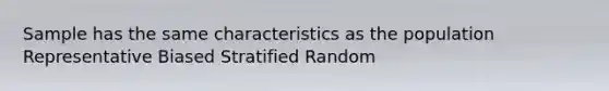 Sample has the same characteristics as the population Representative Biased Stratified Random