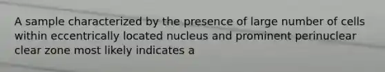 A sample characterized by the presence of large number of cells within eccentrically located nucleus and prominent perinuclear clear zone most likely indicates a