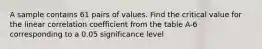 A sample contains 61 pairs of values. Find the critical value for the linear correlation coefficient from the table A-6 corresponding to a 0.05 significance level